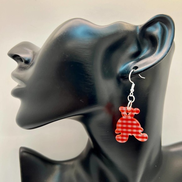 Teddy Bear Earrings - Baby Shower Earrings - Gender Reveal Earrings - Plaid Bear - Picture 6 of 10